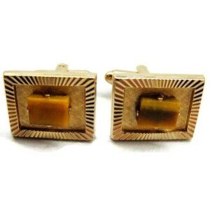 Dante Square Tiger Eye Gold Tone Cufflinks Tux Shirt Dress Suit Vintage